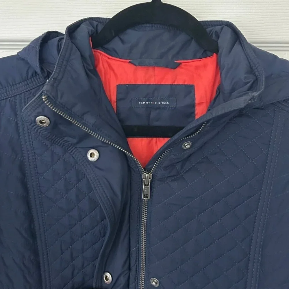 Tommy Hilfiger Women’s Quilted Barn Jacket Blue Hooded Zip Snap Coat Medium M